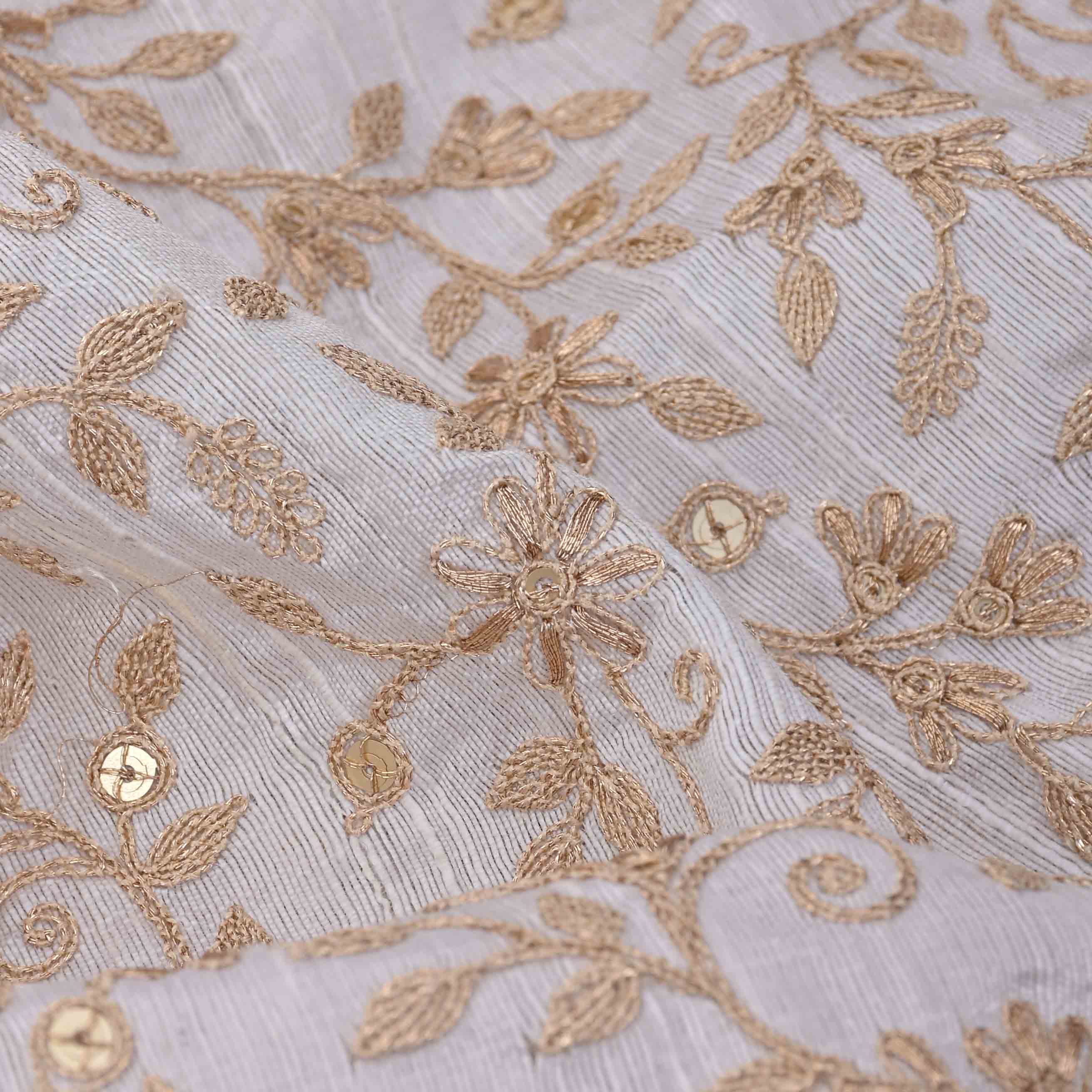 Isabelline White Embroidery Raw Silk Fabric With Zari Work