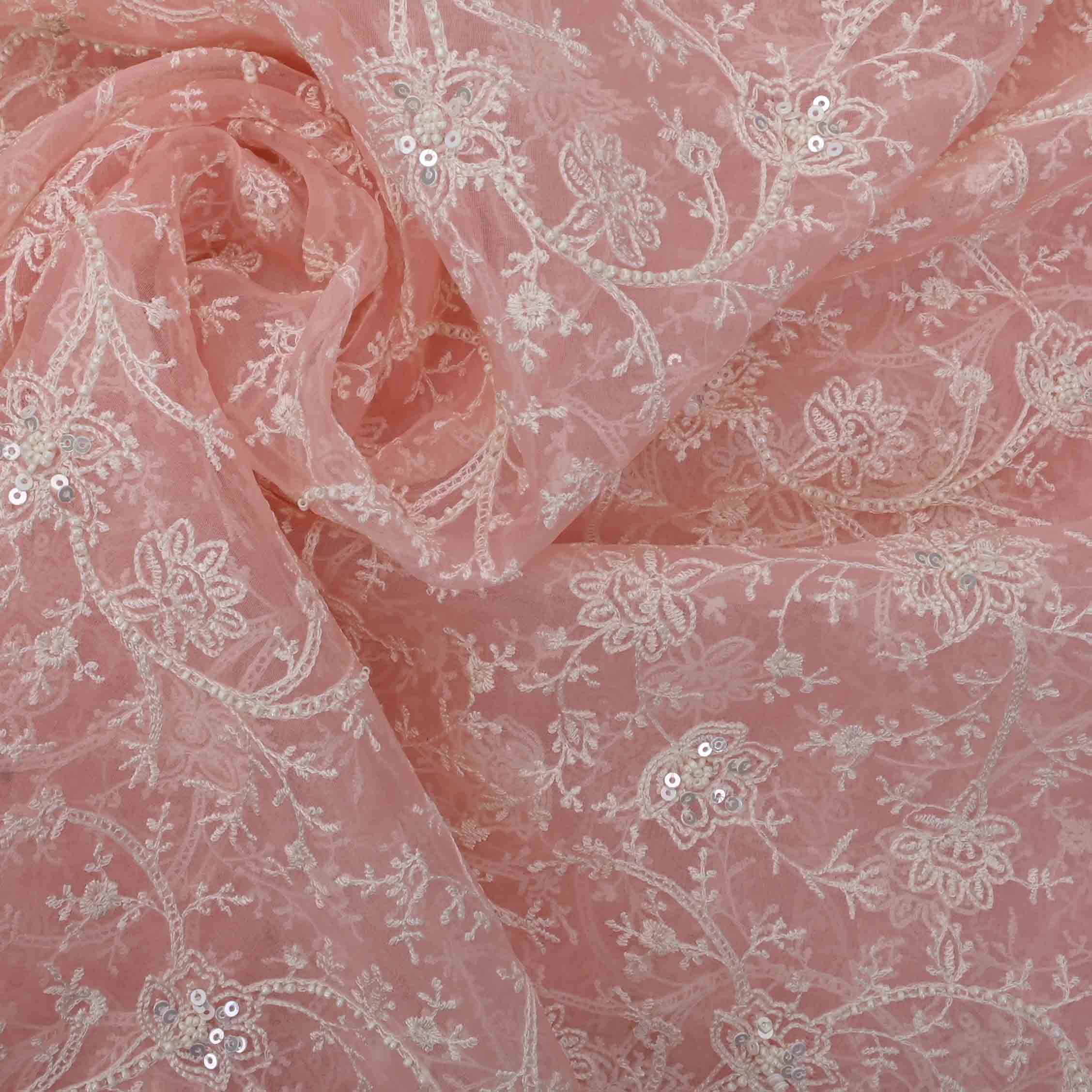 Candlelight Peach Threadwork Embroidery Organza Fabric