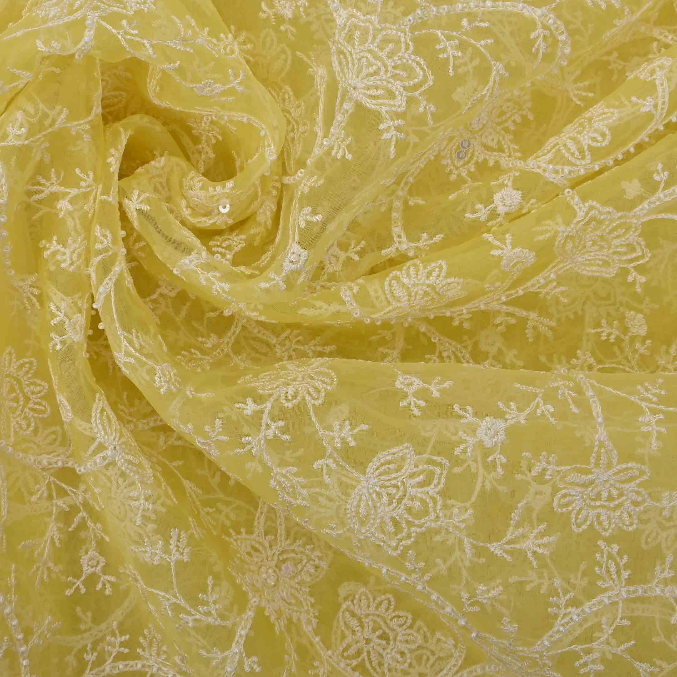 Butter Yellow Threadwork Embroidery Organza Fabric