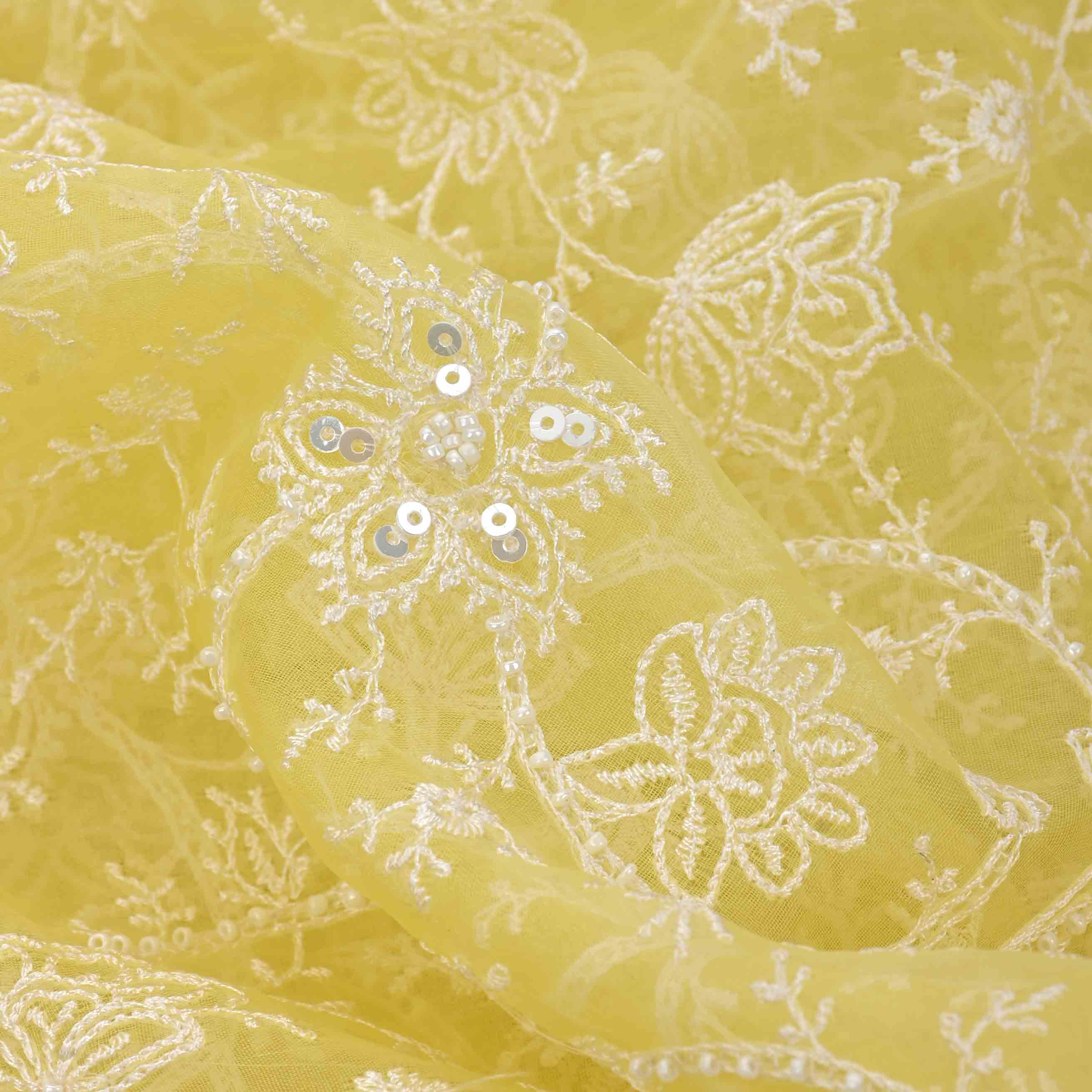 Butter Yellow Threadwork Embroidery Organza Fabric