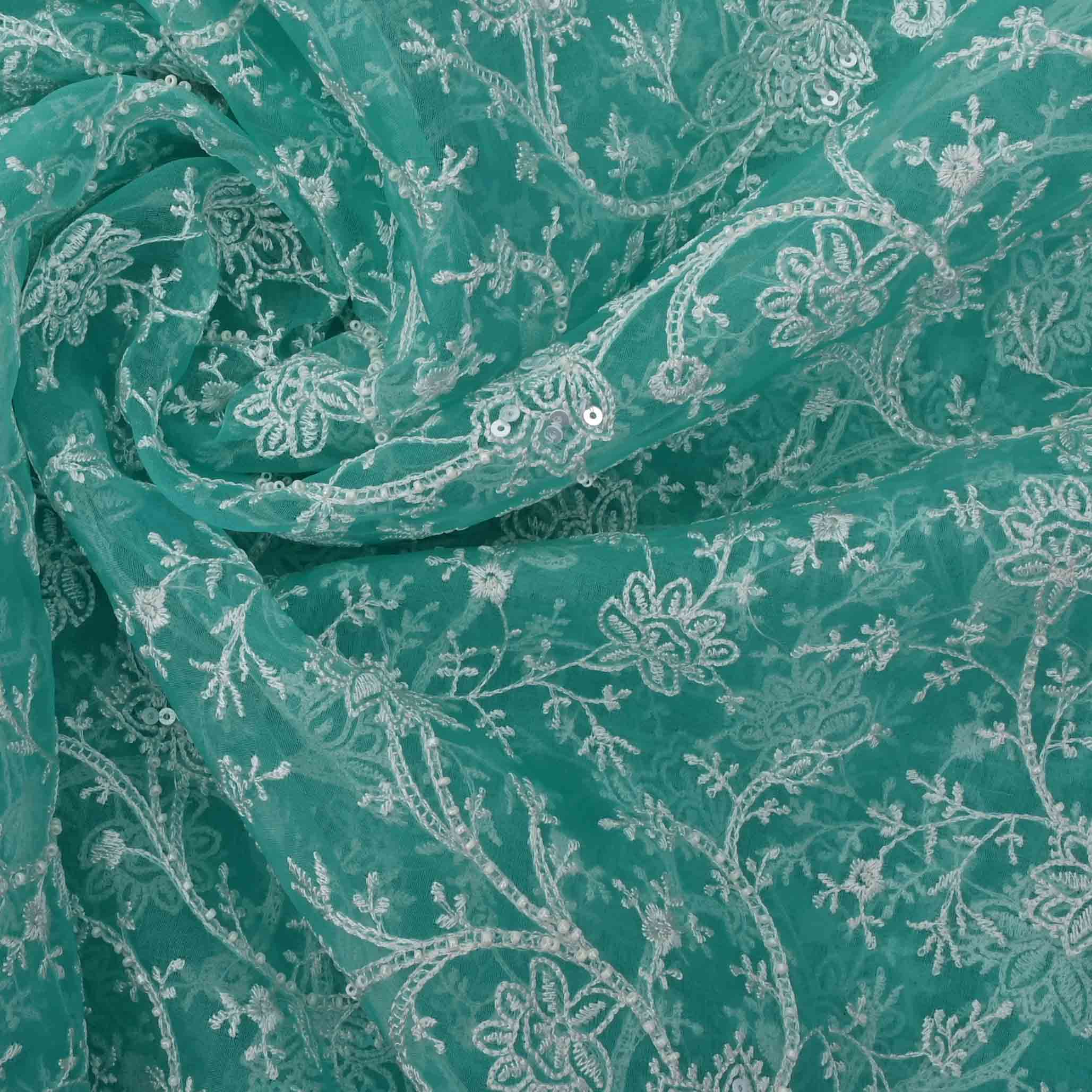 Turquoise Blue Threadwork Embroidery Organza Fabric