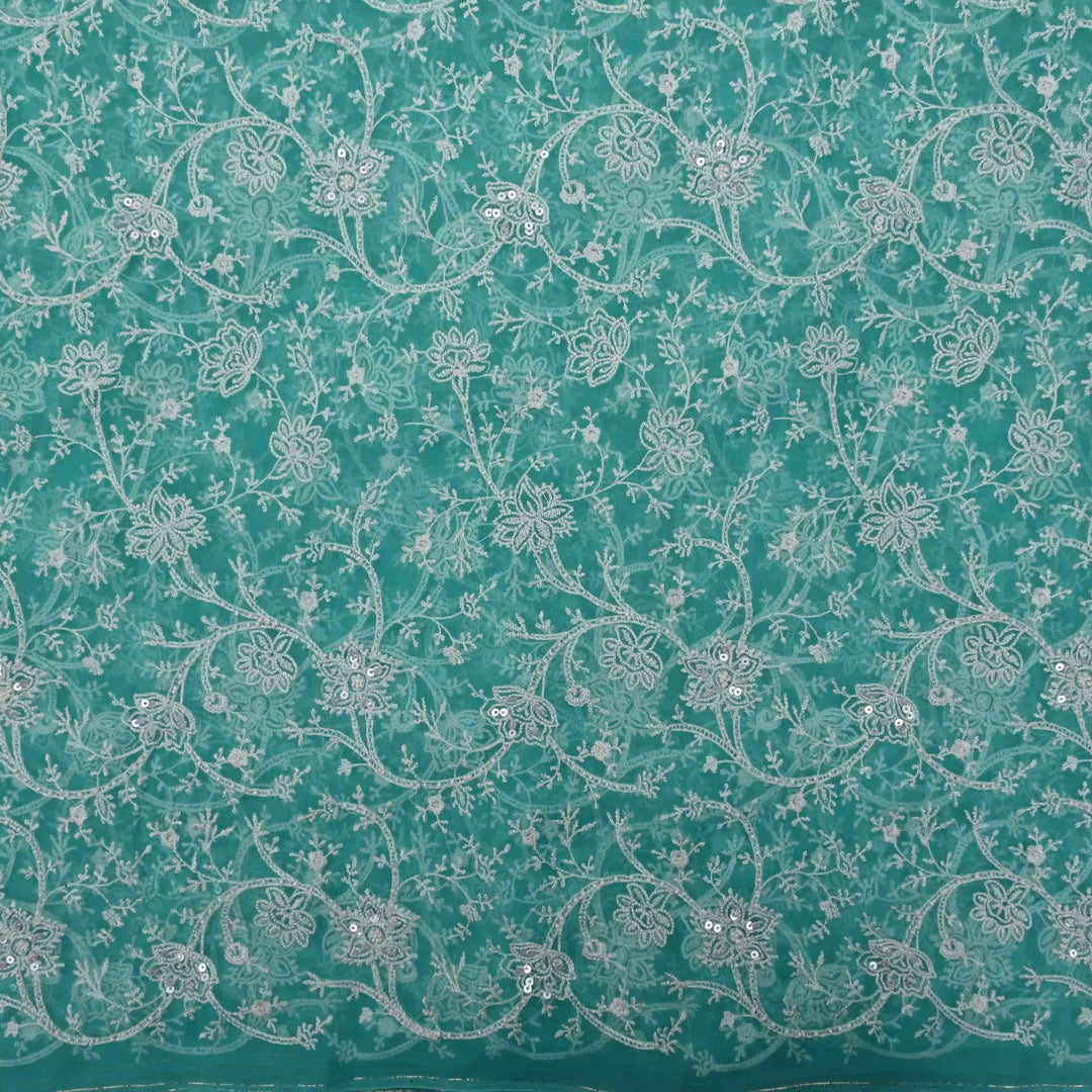 Turquoise Blue Threadwork Embroidery Organza Fabric