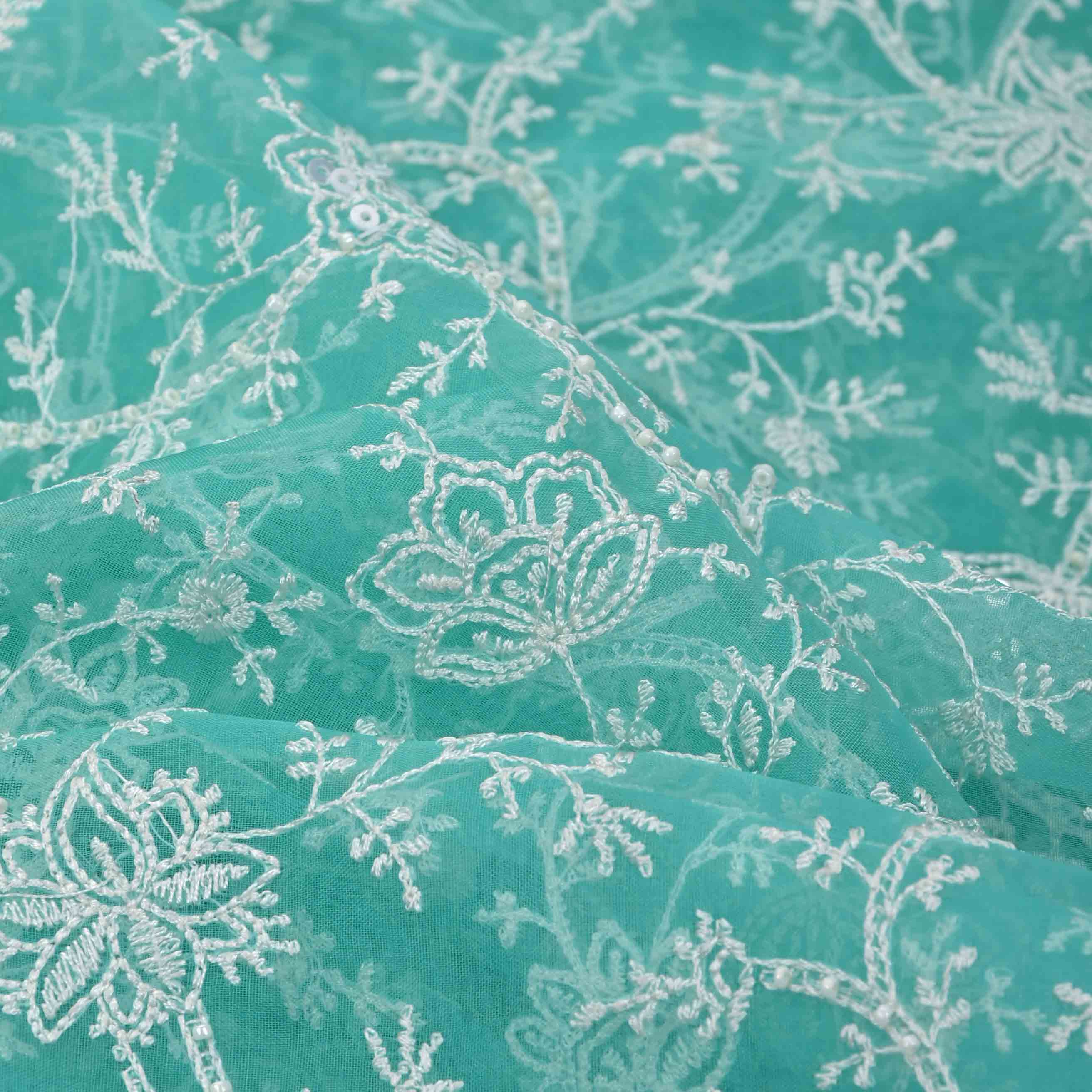 Turquoise Blue Threadwork Embroidery Organza Fabric