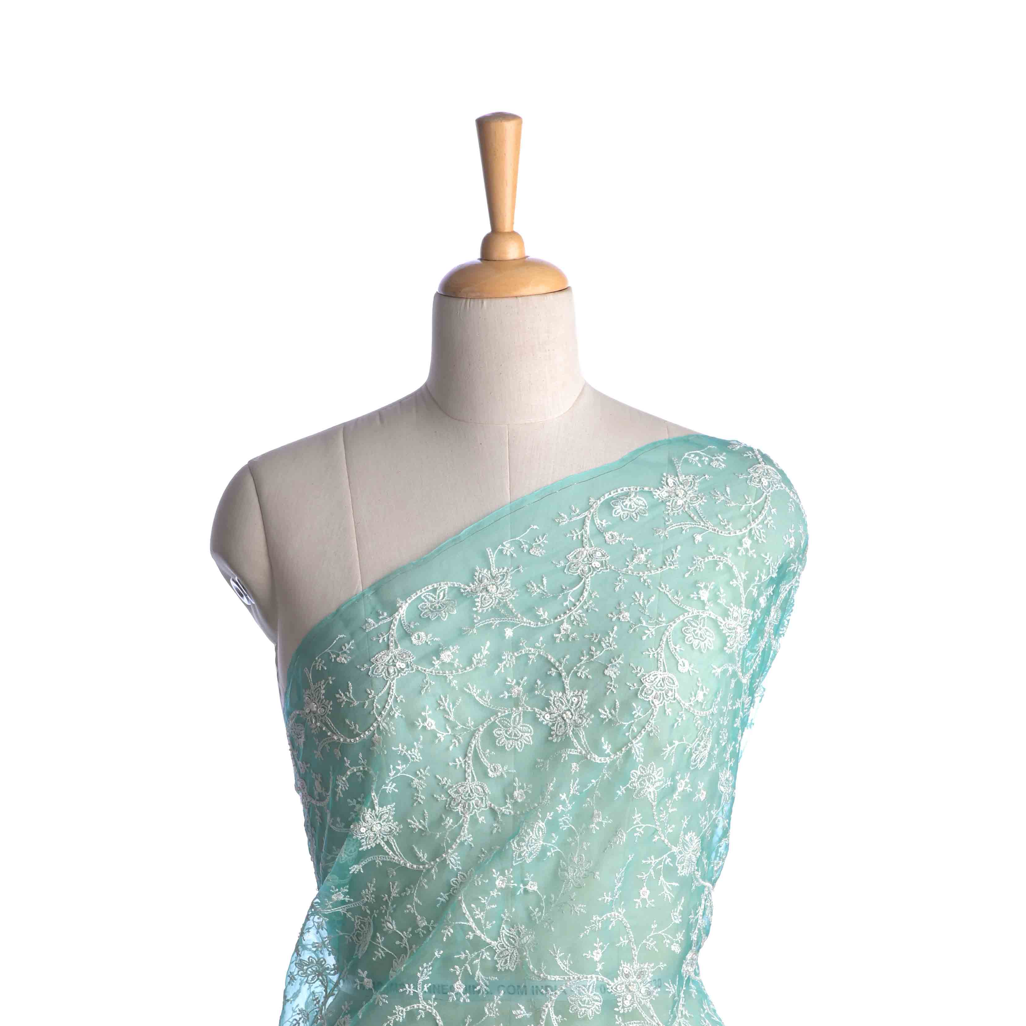 Turquoise Blue Threadwork Embroidery Organza Fabric