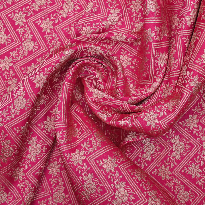 Ruby Pink Banarasi Fabric With Floral Chevron Weaving