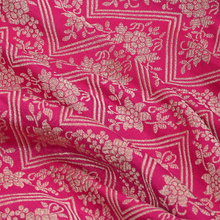 Ruby Pink Banarasi Fabric With Floral Chevron Weaving