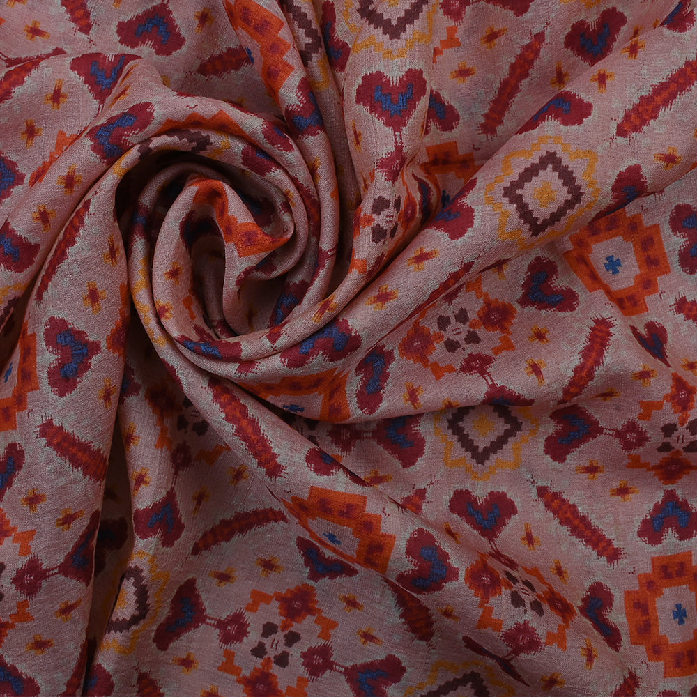 Pinkish Orange Printed Patola Tussar Fabric