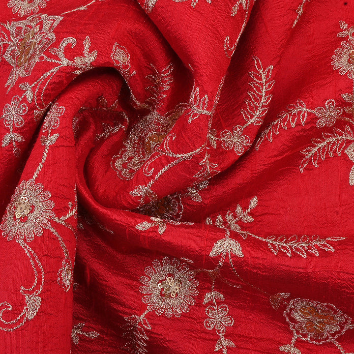 Chili Red Raw Silk Fabric With Zari Embroidery