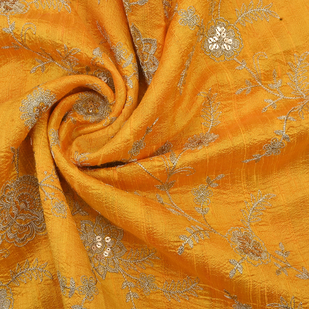 Robust Yellow Raw Silk Fabric With Zari Embroidery