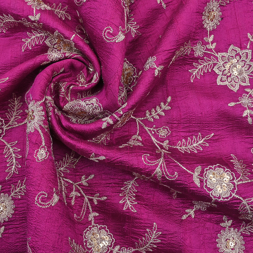 Bright Fandango Purple With Zari Embroidery Raw Silk Fabric