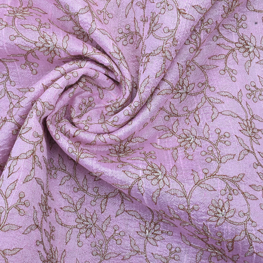 Thistle Purple Raw Silk Fabric With Floral Embroidery