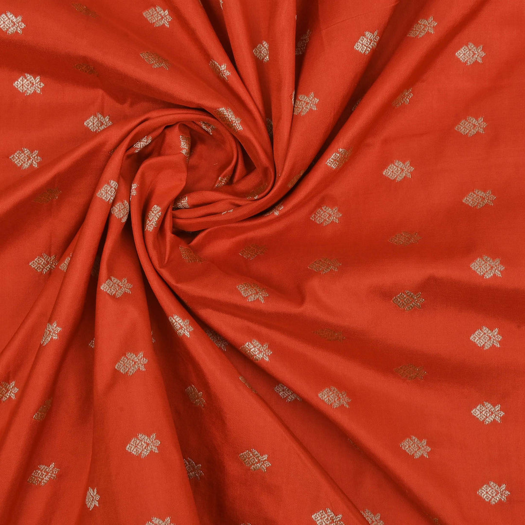 Orange Red Banarasi Fabric With Floral Buttis