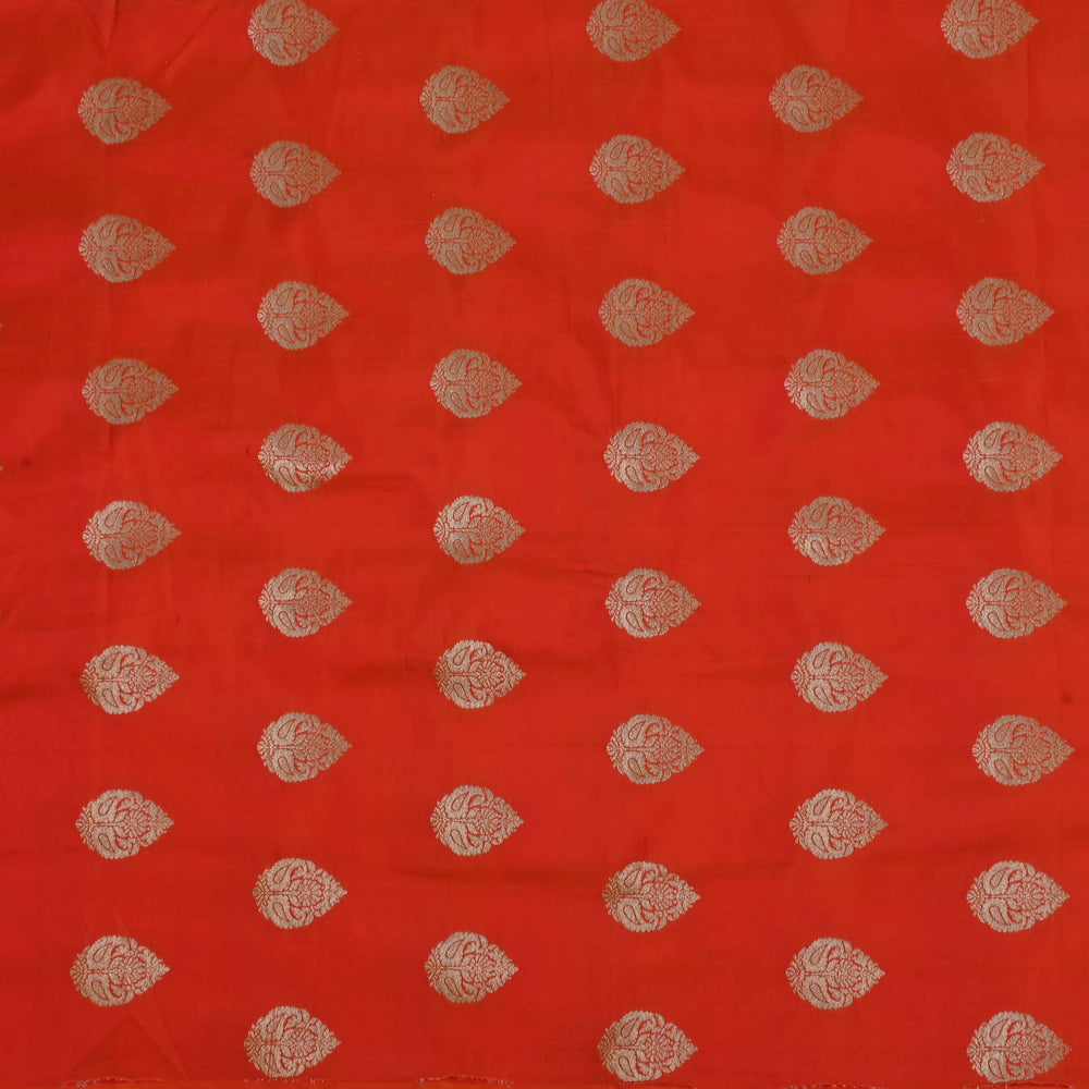 Persian Red Banarasi Fabric With Floral Butta Weaving