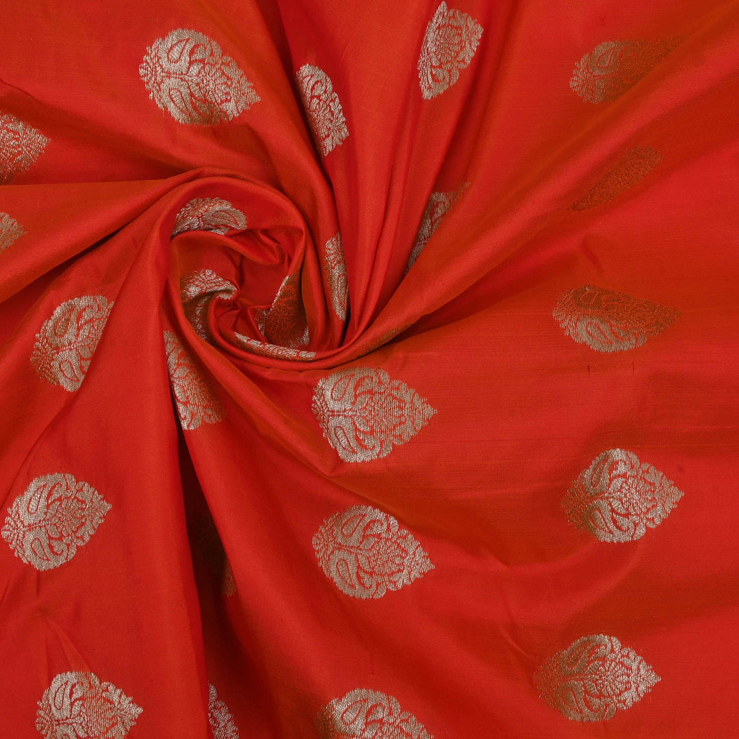 Persian Red Banarasi Fabric With Floral Butta Weaving