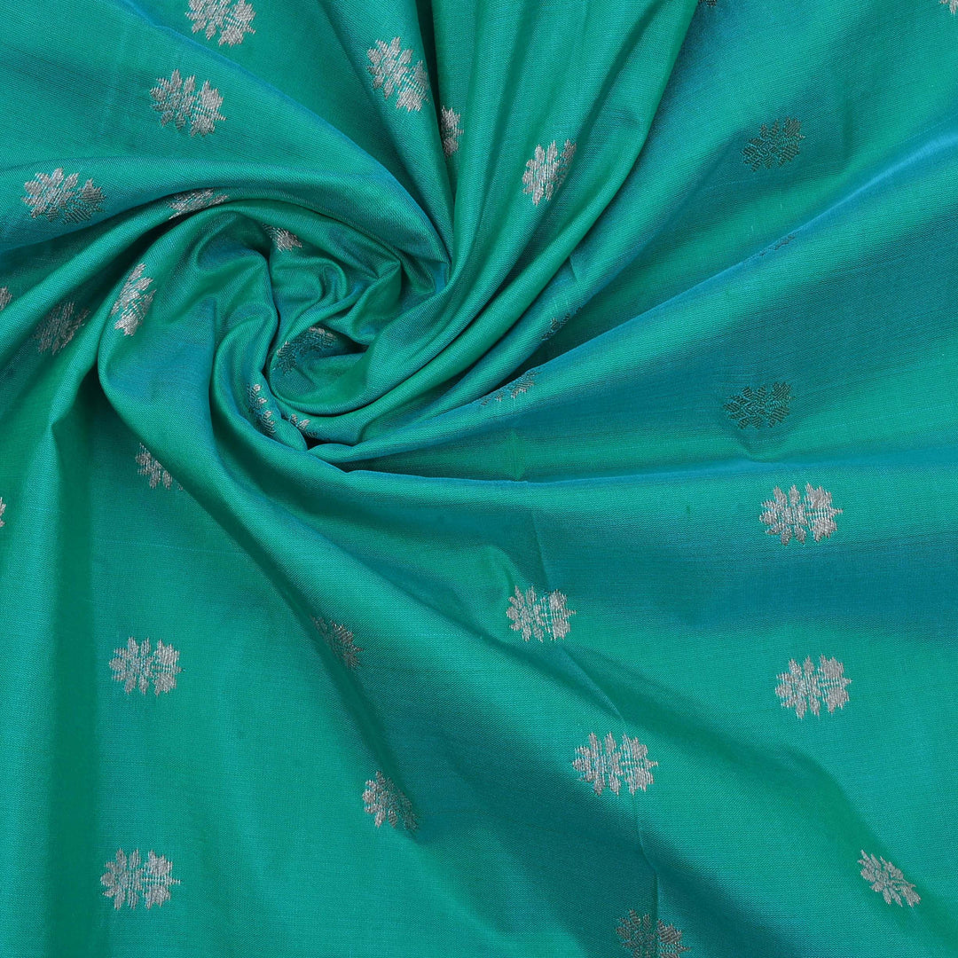Persian Green Banarasi Fabric With Floral Buttis