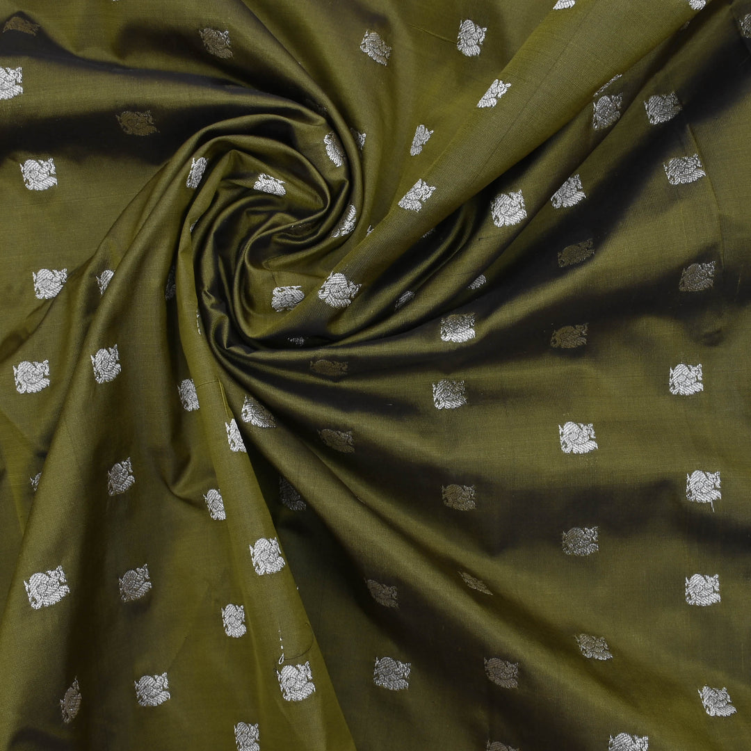 Olive Green Banarasi Fabric With Tiny Peacock Buttis
