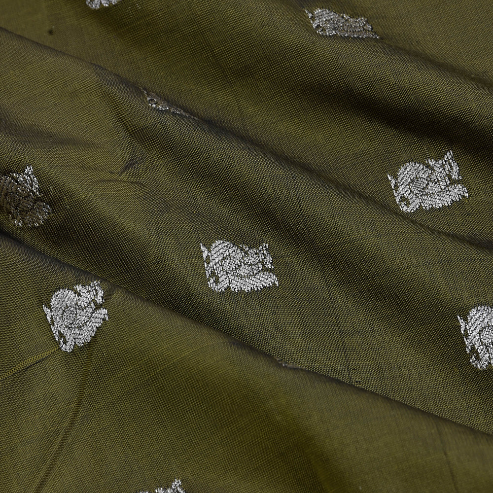 Olive Green Banarasi Fabric With Tiny Peacock Buttis