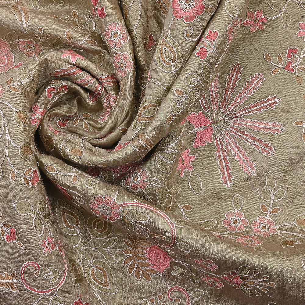 Oyster White Raw Silk Fabric With Floral Embroidery