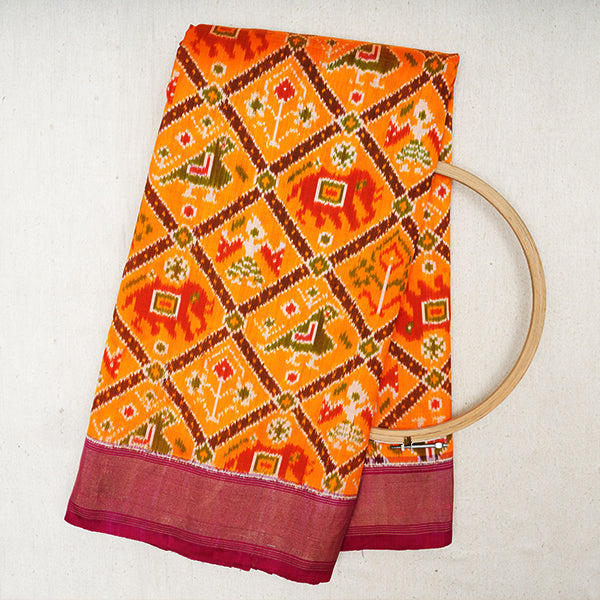Dark Orange Ikat Silk Geometric Pattern Handloom Fabric