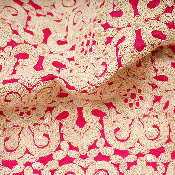 Raspberry Red Floral Pattern Jaal Zari Thread Embroidery Rawsilk Fabric