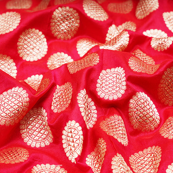 Crimson Red Banarasi Brocade Silk Handloom Fabric With Floral Buttas