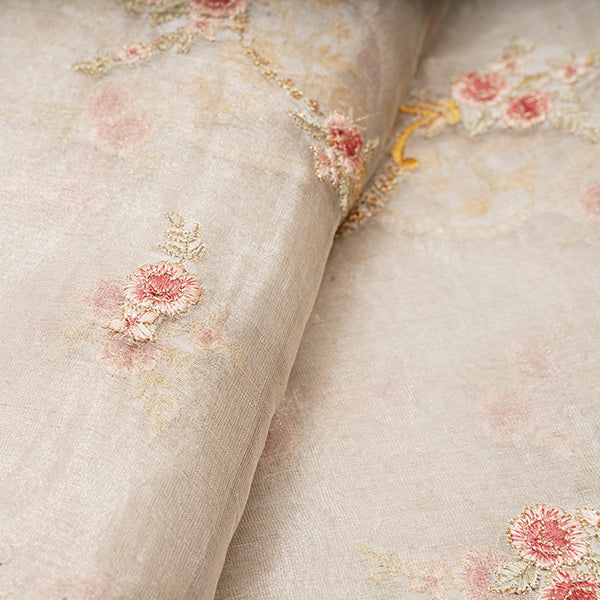 Blanc Color Floral Motifs Embroidery Tissue Fabric