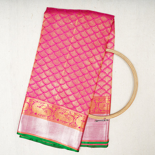 Telemagenta Kanjivaram Silk Handloom Fabric With Contrast Border