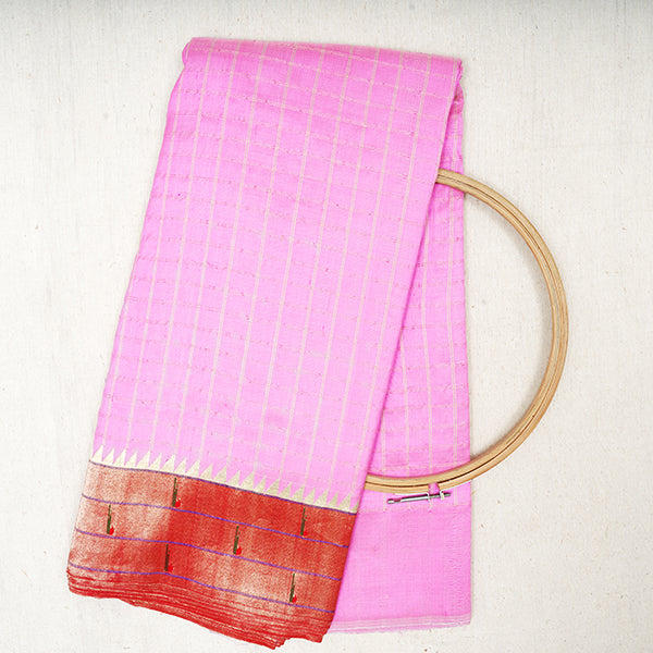 Lavender Rose Kanjivaram Silk Handloom Fabric With Paithani Border
