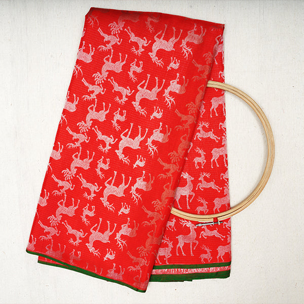 Coca - Cola Red Kanjivaram Silk Handloom Fabric With Animal Motifs