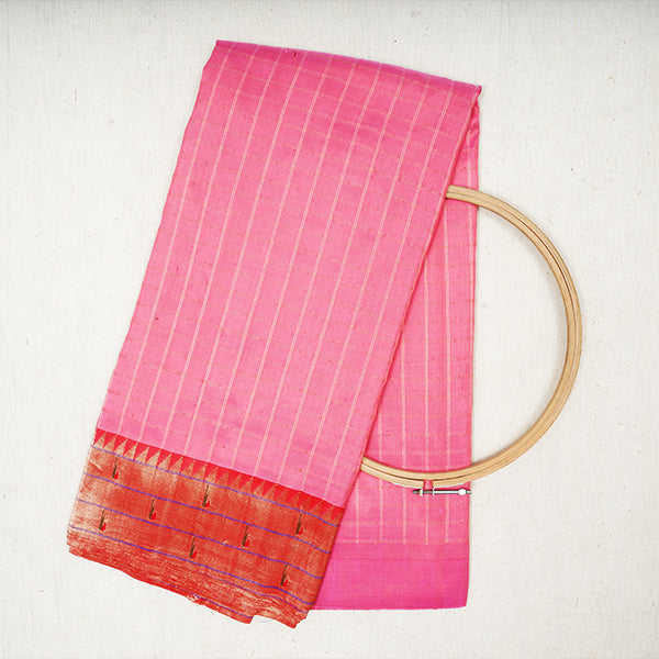 Antique Pink Kanjivaram Silk Handloom Fabric With Paithani Border