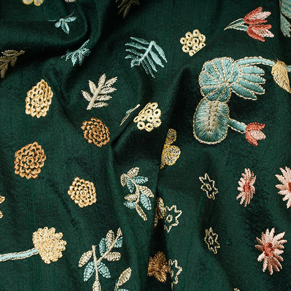 Cardin Green Floral Pattern Thread Embroidery Rawsilk Fabric