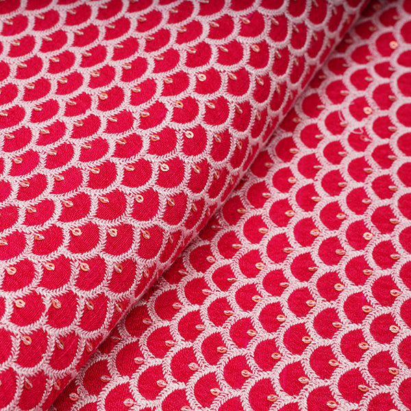 Raspberry Red Jaali Pattern Thread Embroidery Rawsilk Fabric