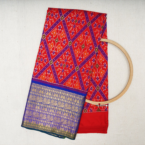 Torch Red Ikat Silk Handloom Fabric With Kanjivaram Border