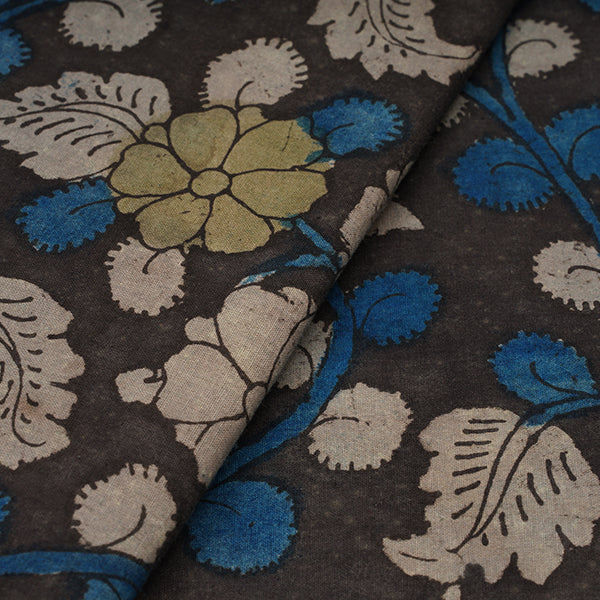 Block Brown Floral Jaal Hand Painted Kalamkari Handloom Fabric
