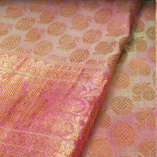 Dual Toned Beige Red Kanjivaram Silk Handloom Fabric With Selfcolor Border