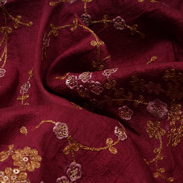 Pearl Ruby Red Floral Jaal Thread Embroidery Rawsilk Fabric