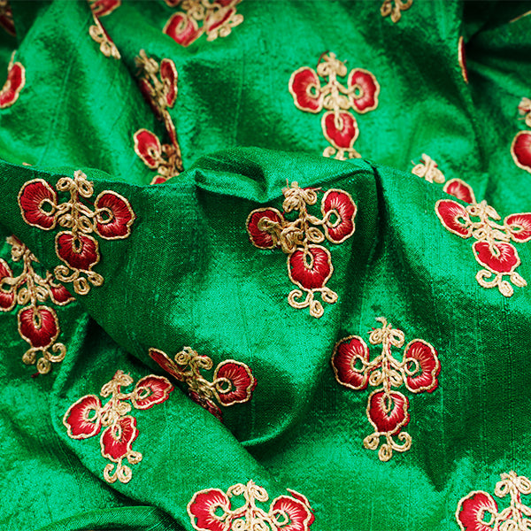 Dark Spring Green Rawsilk Floral Motifs Thread Embroidered Fabric