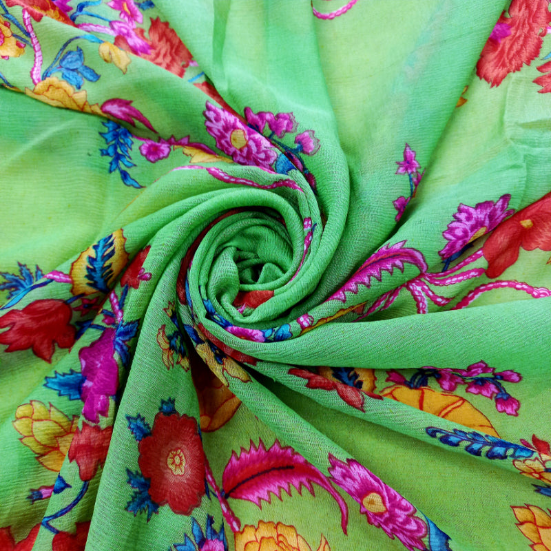 Leaf Green Color Chiffon Fabric With Printed Floral Pattern -2.2-Mtr