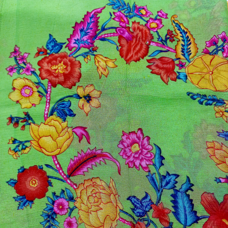 Leaf Green Color Chiffon Fabric With Printed Floral Pattern -2.2-Mtr