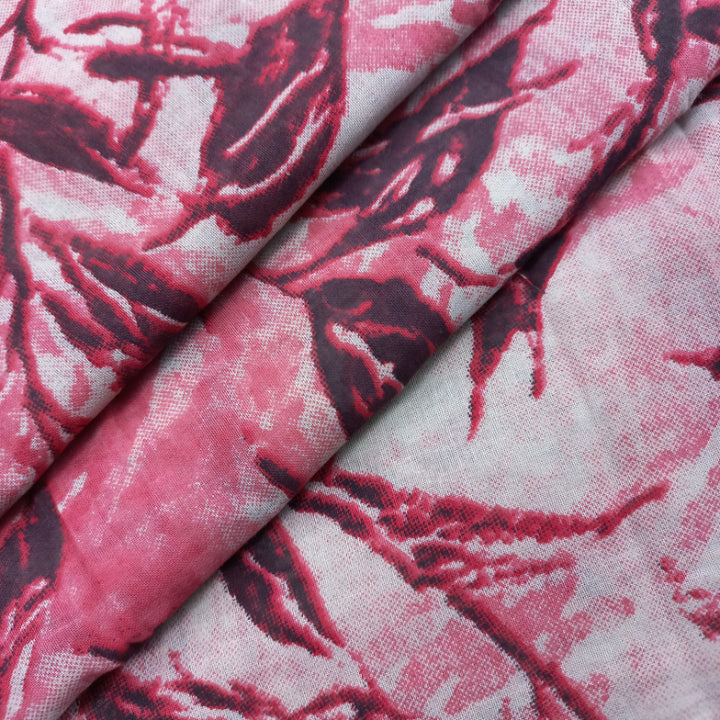 Raspberry Red Colour Satin Fabric With Leaf Printed Pattern -1.8-Mtr