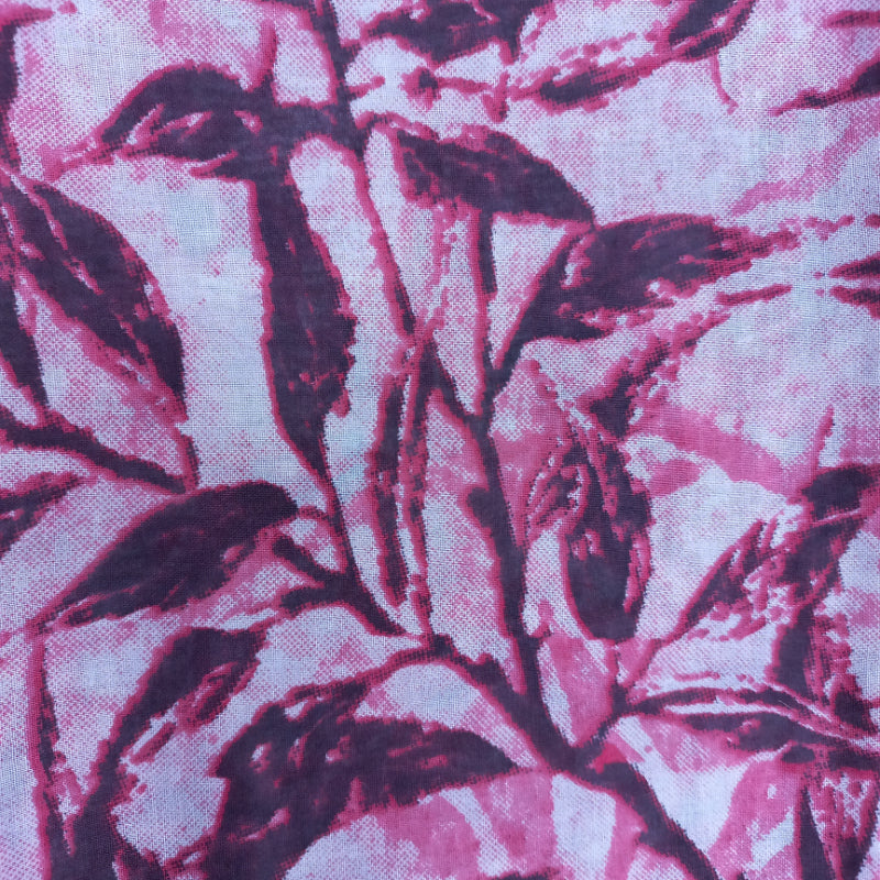 Raspberry Red Colour Satin Fabric With Leaf Printed Pattern -1.8-Mtr