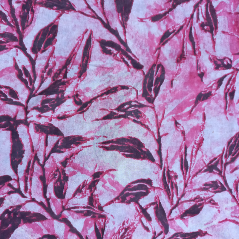 Raspberry Red Colour Satin Fabric With Leaf Printed Pattern -1.8-Mtr