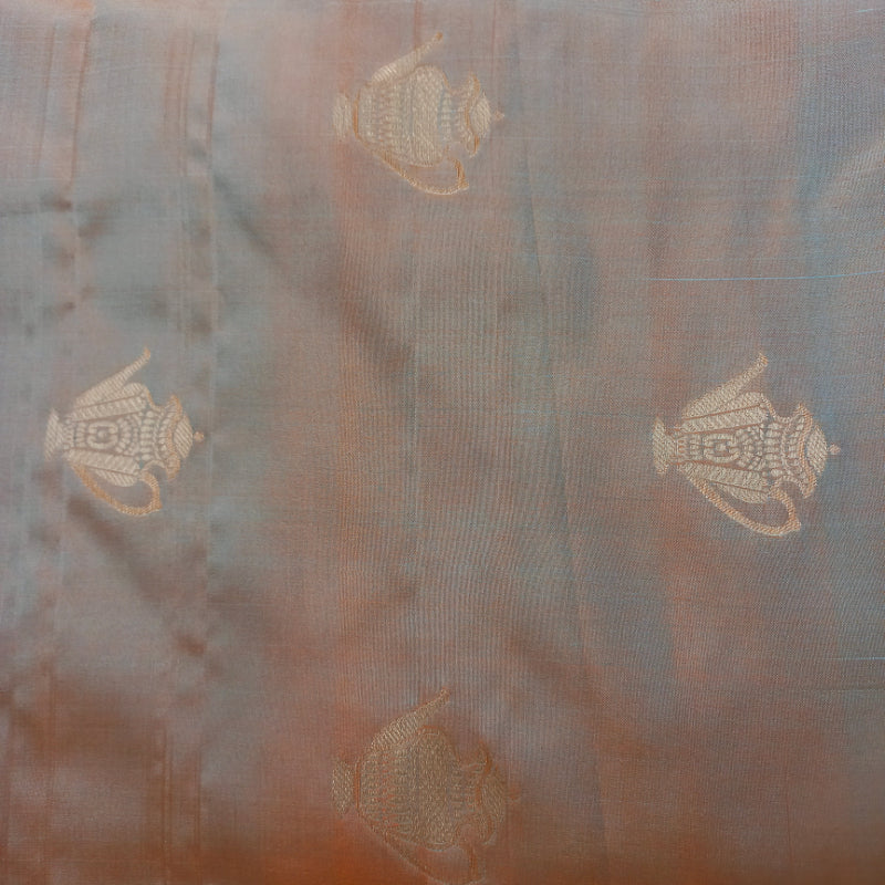 Tawny Brown And Blue Color Silk Fabric With Jug Motifs -1.6-Mtr