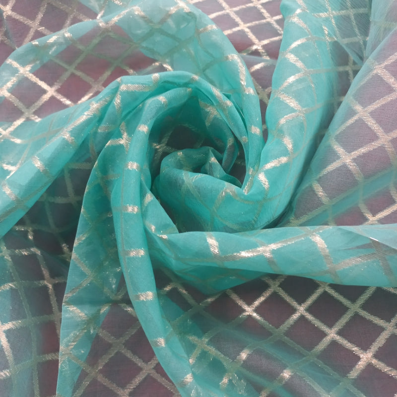 Sky Blue Color Organza Fabric With Geometric Weave -1-Mtr