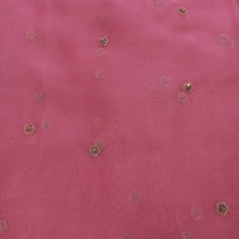 Watermelon Pink Color Organza Fabric With Sequins And Floral Embroidered Buttas -0.9-Cm