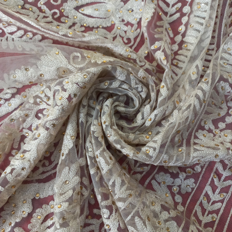 Powder White Color Net Fabric With Embroidered Floral Paisley Pattern -1.1-Mtr
