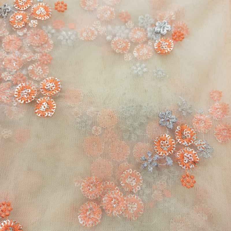 Beige White Floral Embroiderey Net Fabric