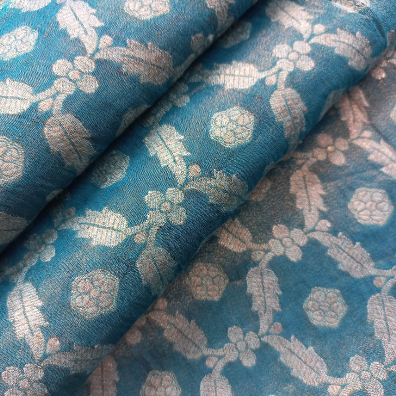 Tiffany Blue Color Silk Fabric With Floral Pattern -0.9-Cm
