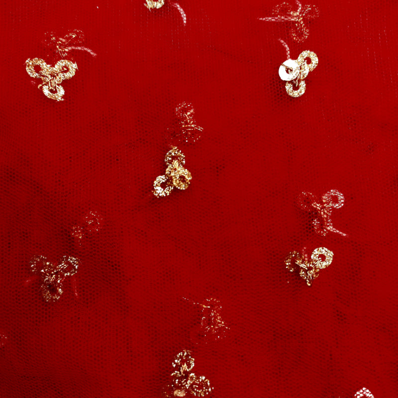 Cherry Red Premium Net fabric With Embroiderey