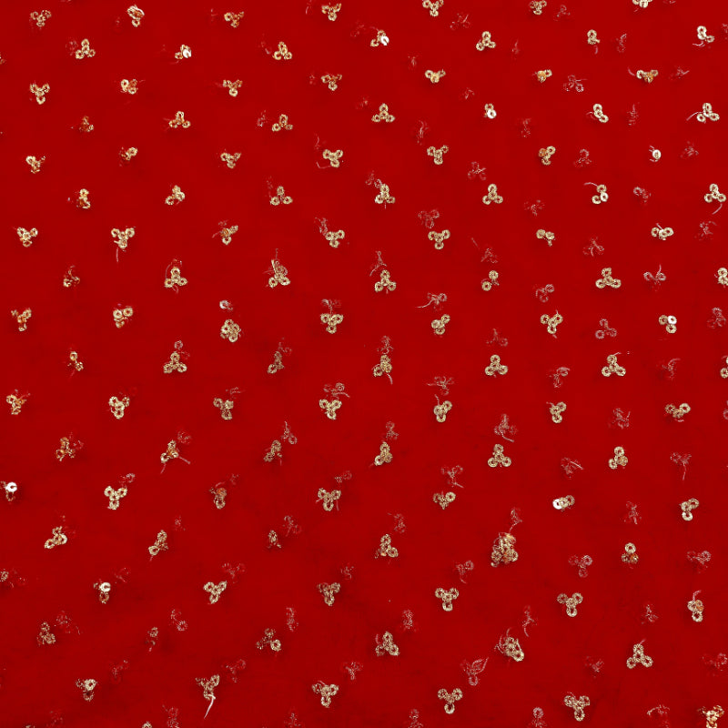 Cherry Red Color Net Fabric With Embroidered Sequins Buttas -2.6-Mtr